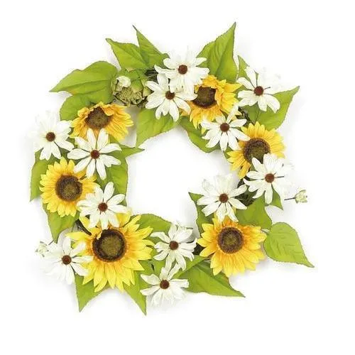 22" Decorative Yellow Sunflower and Cream White Daisy Artificial Floral Wreath - Unlit