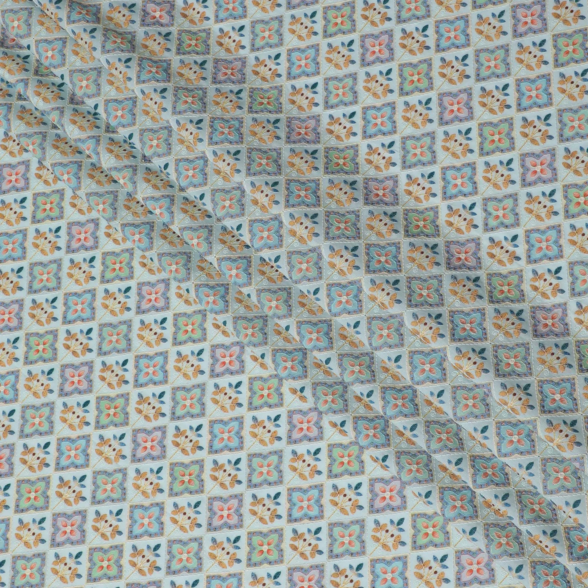 Artisanal Cotton Voile Fabric with Delicate Embroidery - Pastel Mosaic, 110cm Width-D18748