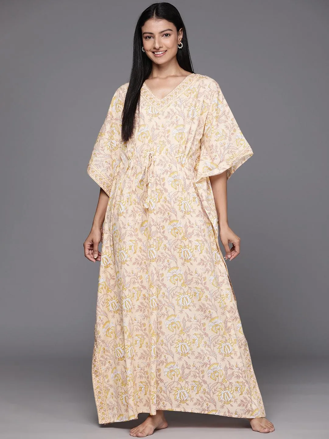 Beige Printed Cotton Night Dress