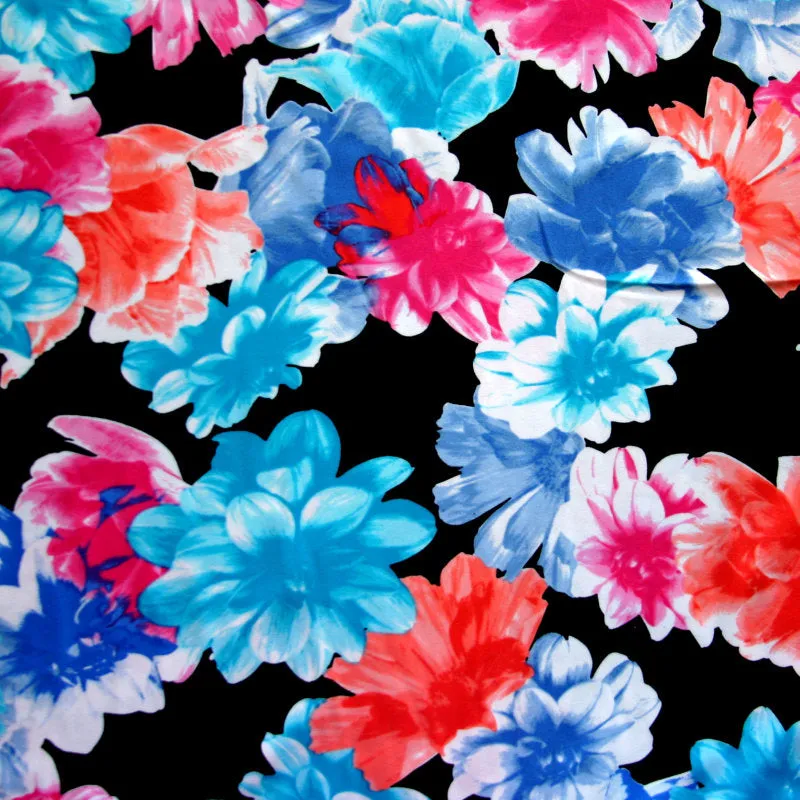 Bright Flowers on Black Nylon Lycra Swimsuit Fabric