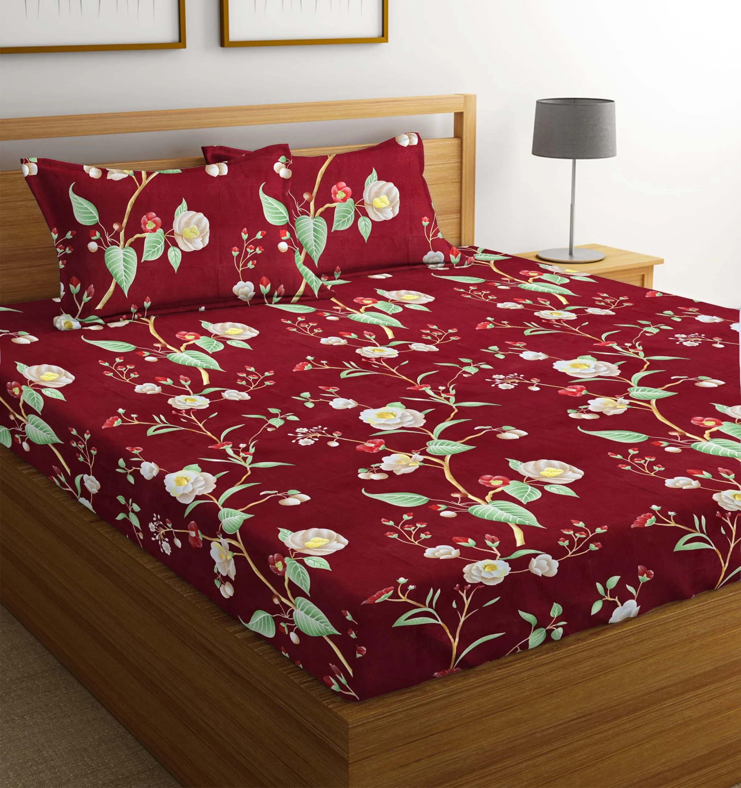 BSB HOME Microfiber 144 TC Aspire 3.O Collections Soft Breathable Wrinklefree Floral Printed Double Bedsheets with 2 Pillow Covers, Color Maroon