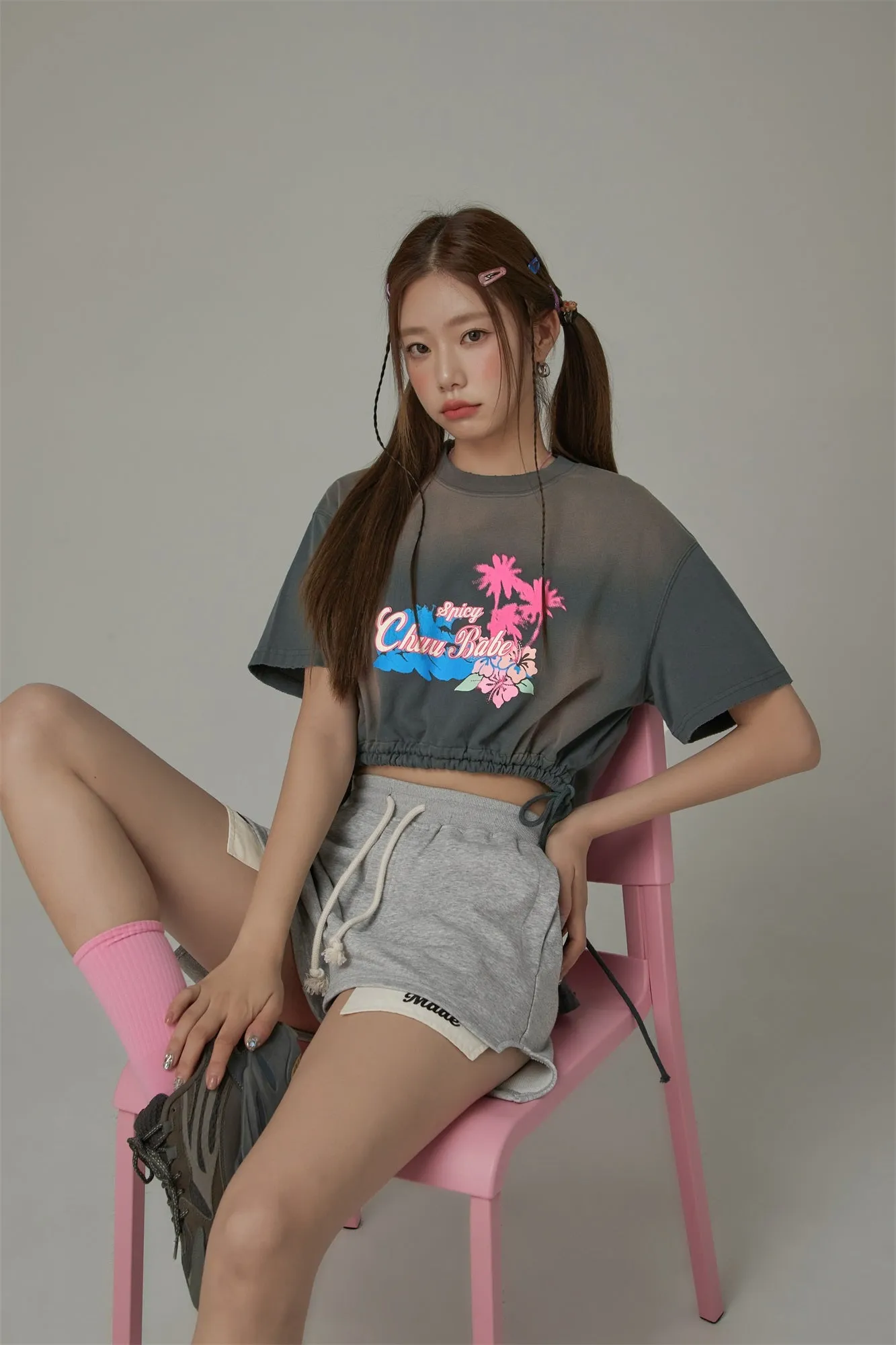 Chuu Babe Tropical Printed Design Strings Cropped T-Shirt