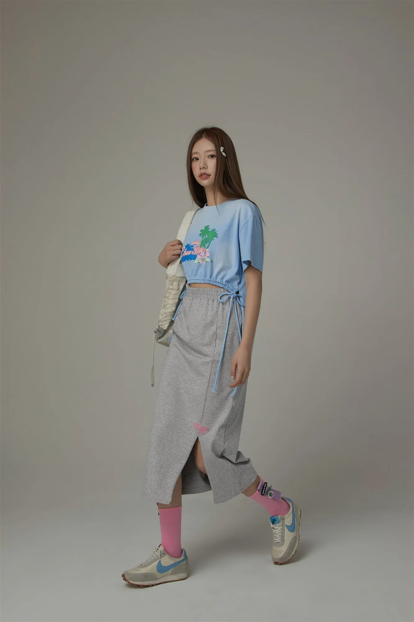 Chuu Babe Tropical Printed Design Strings Cropped T-Shirt