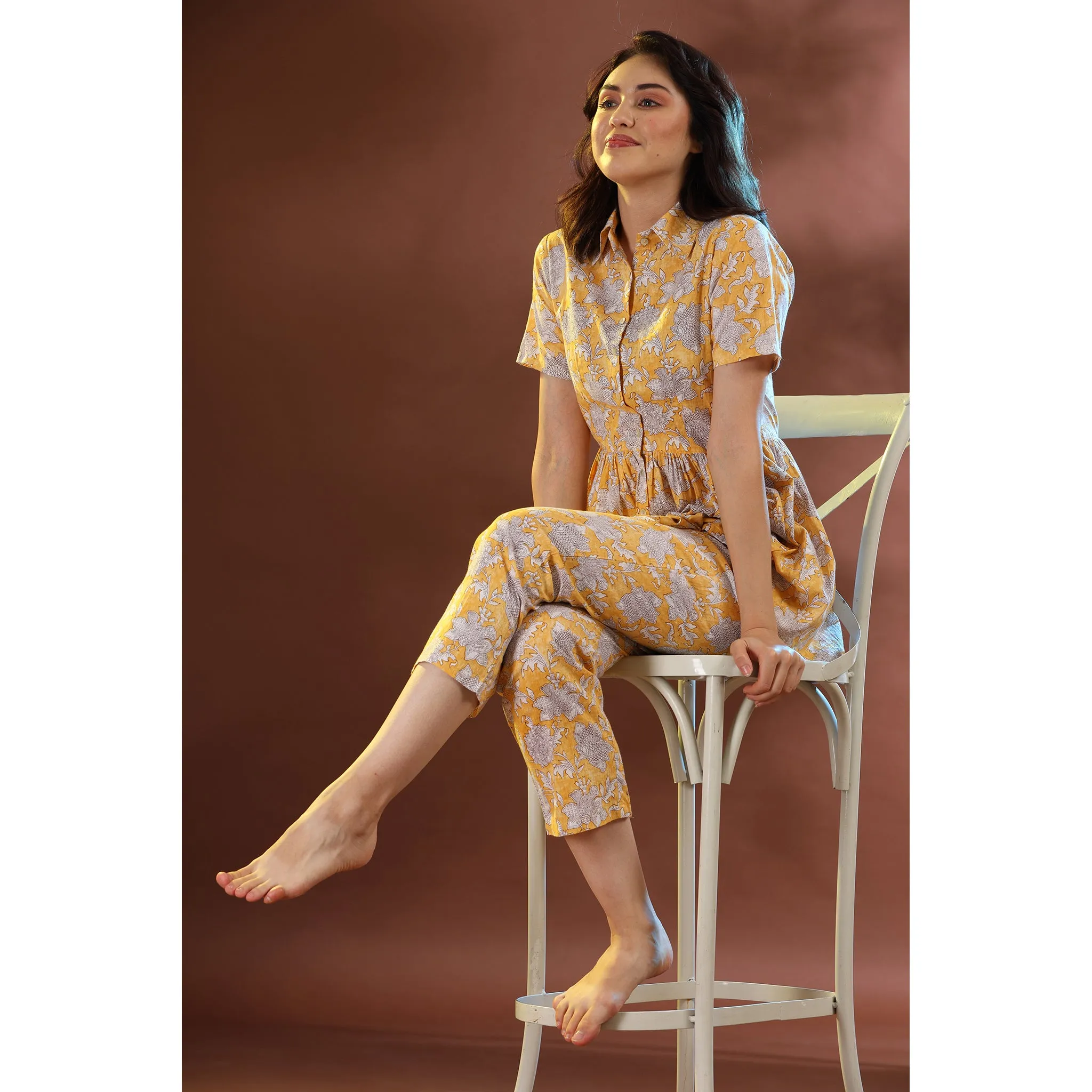 Floral Mosaic on Yellow Loungewear Top Set