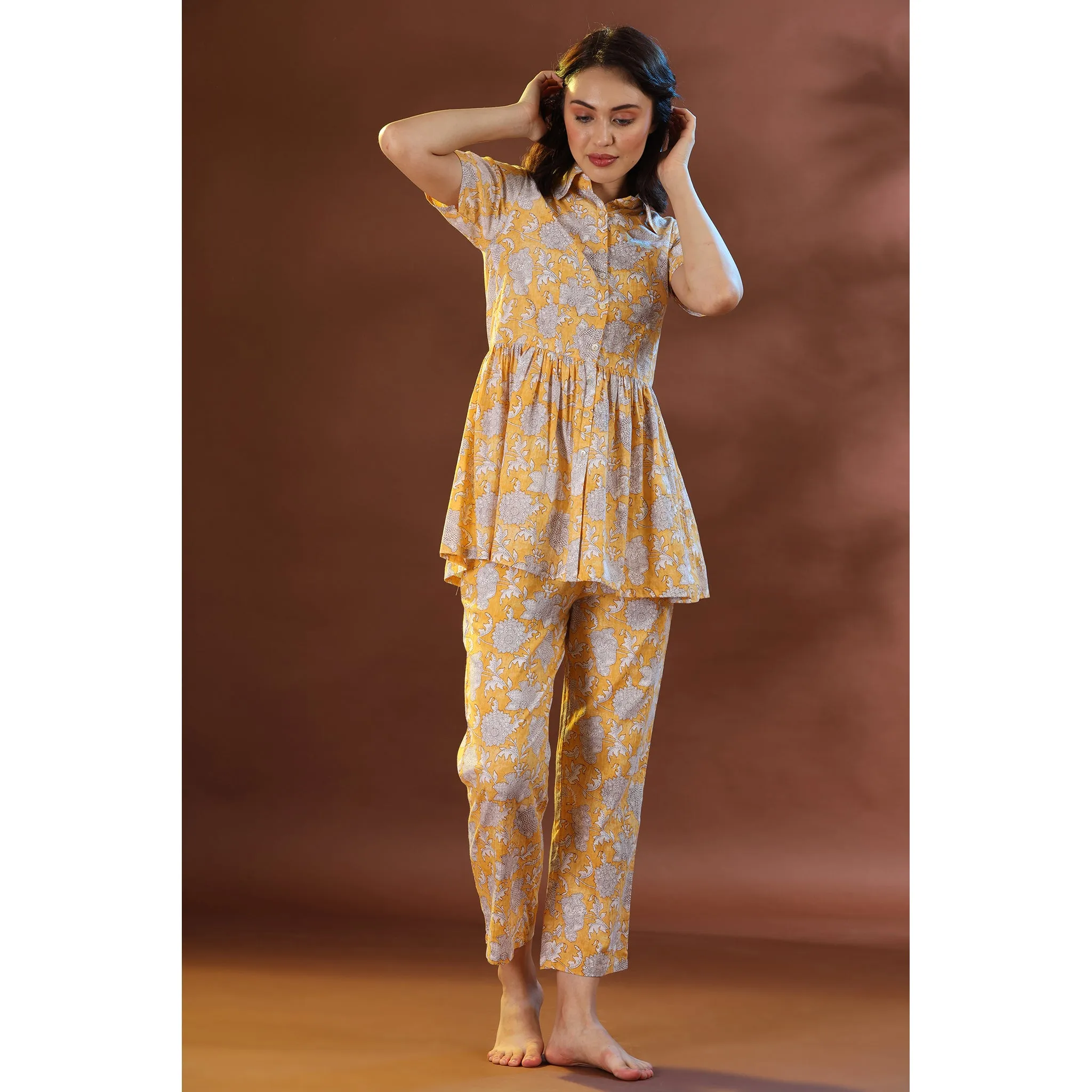 Floral Mosaic on Yellow Loungewear Top Set