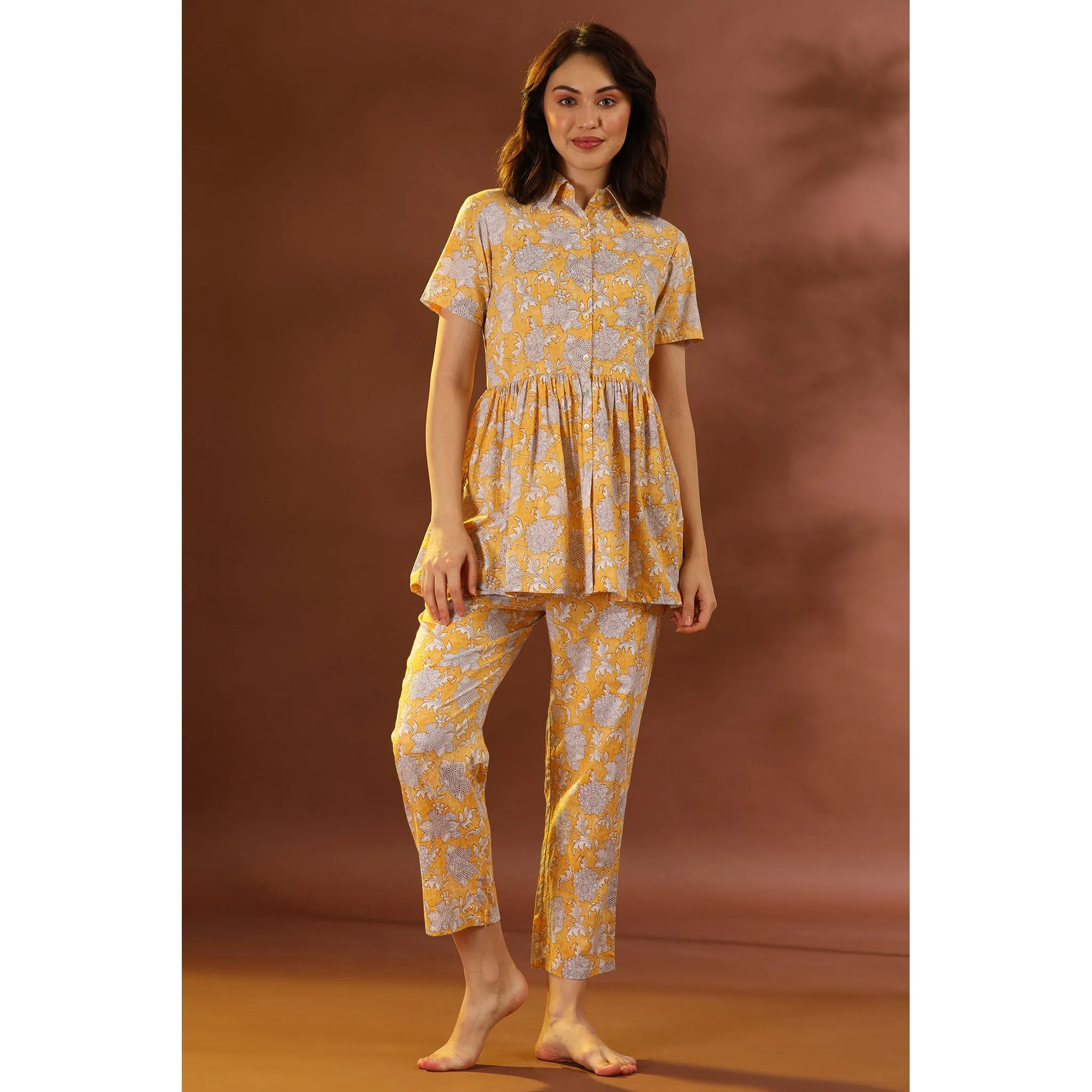 Floral Mosaic on Yellow Loungewear Top Set