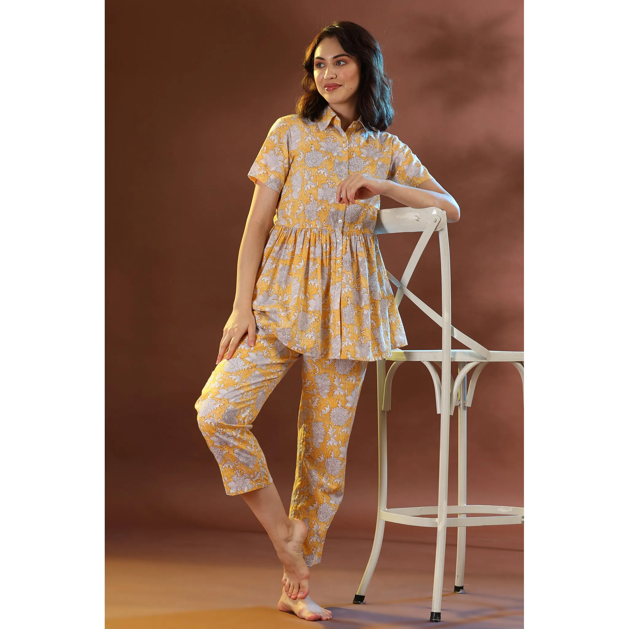 Floral Mosaic on Yellow Loungewear Top Set