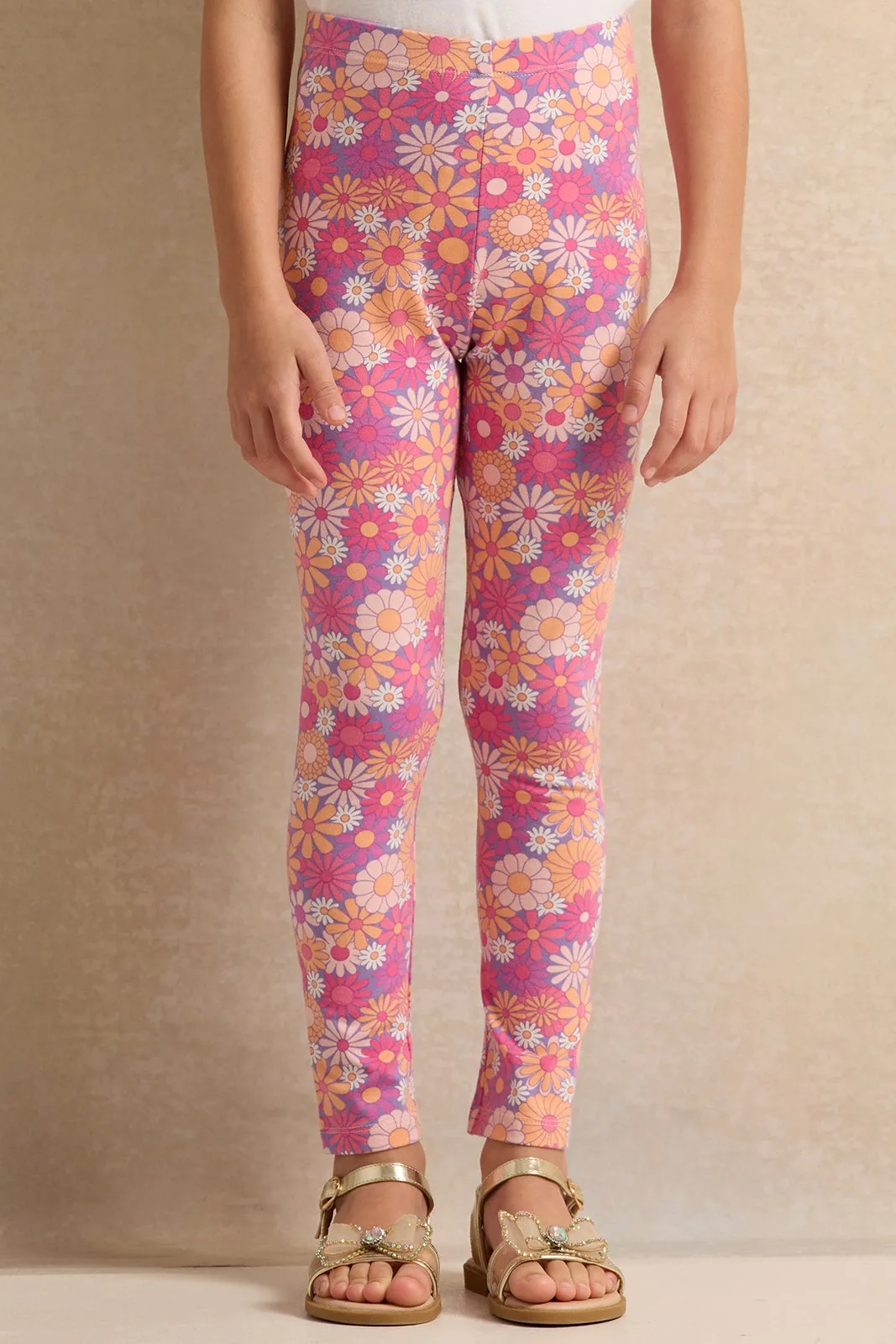 Girls Pink Floral Leggings