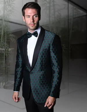 Mens One Button Shawl Tuxedo in Geometric Beehive Print in Green