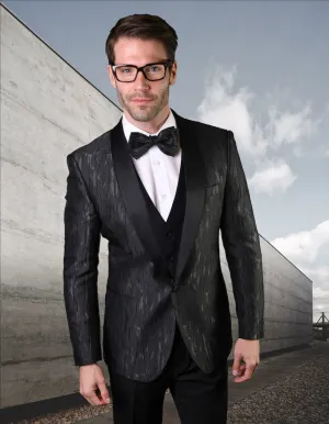 Mens Vested Vertical Texture Print Tuxedo in Black