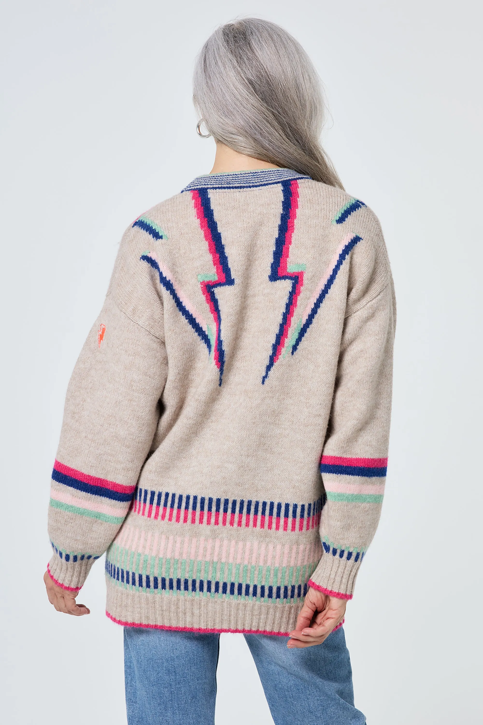 Oatmeal with Rainbow Statement Bolt Longline Cardigan