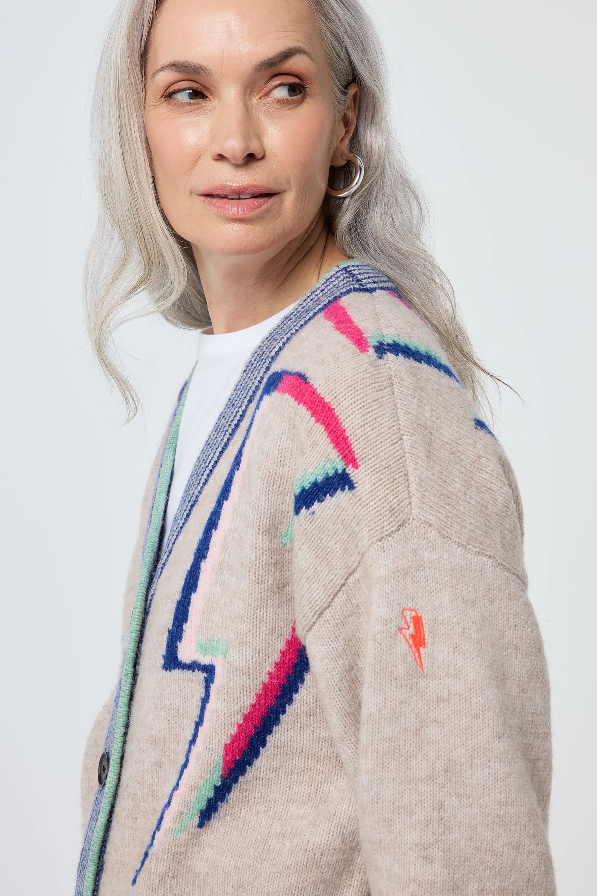 Oatmeal with Rainbow Statement Bolt Longline Cardigan