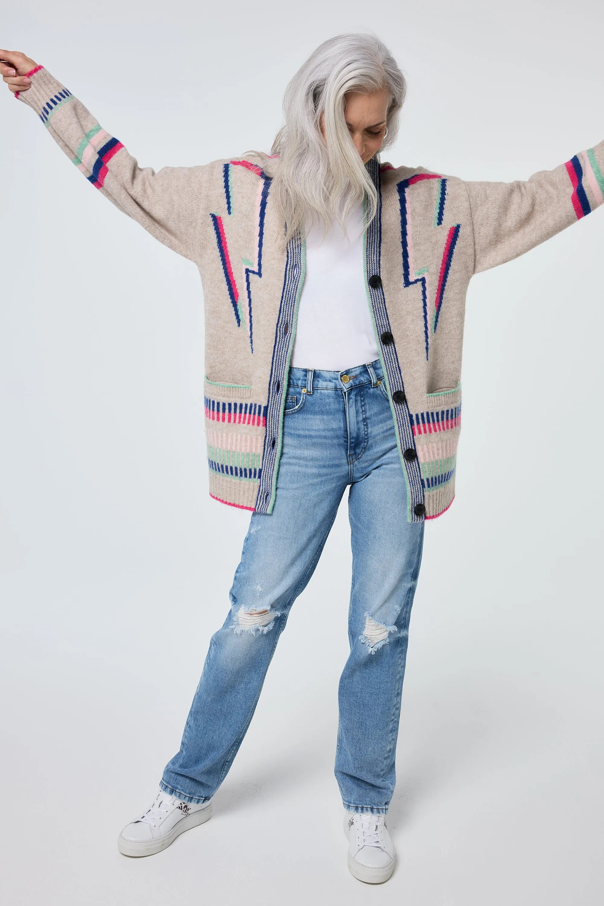 Oatmeal with Rainbow Statement Bolt Longline Cardigan