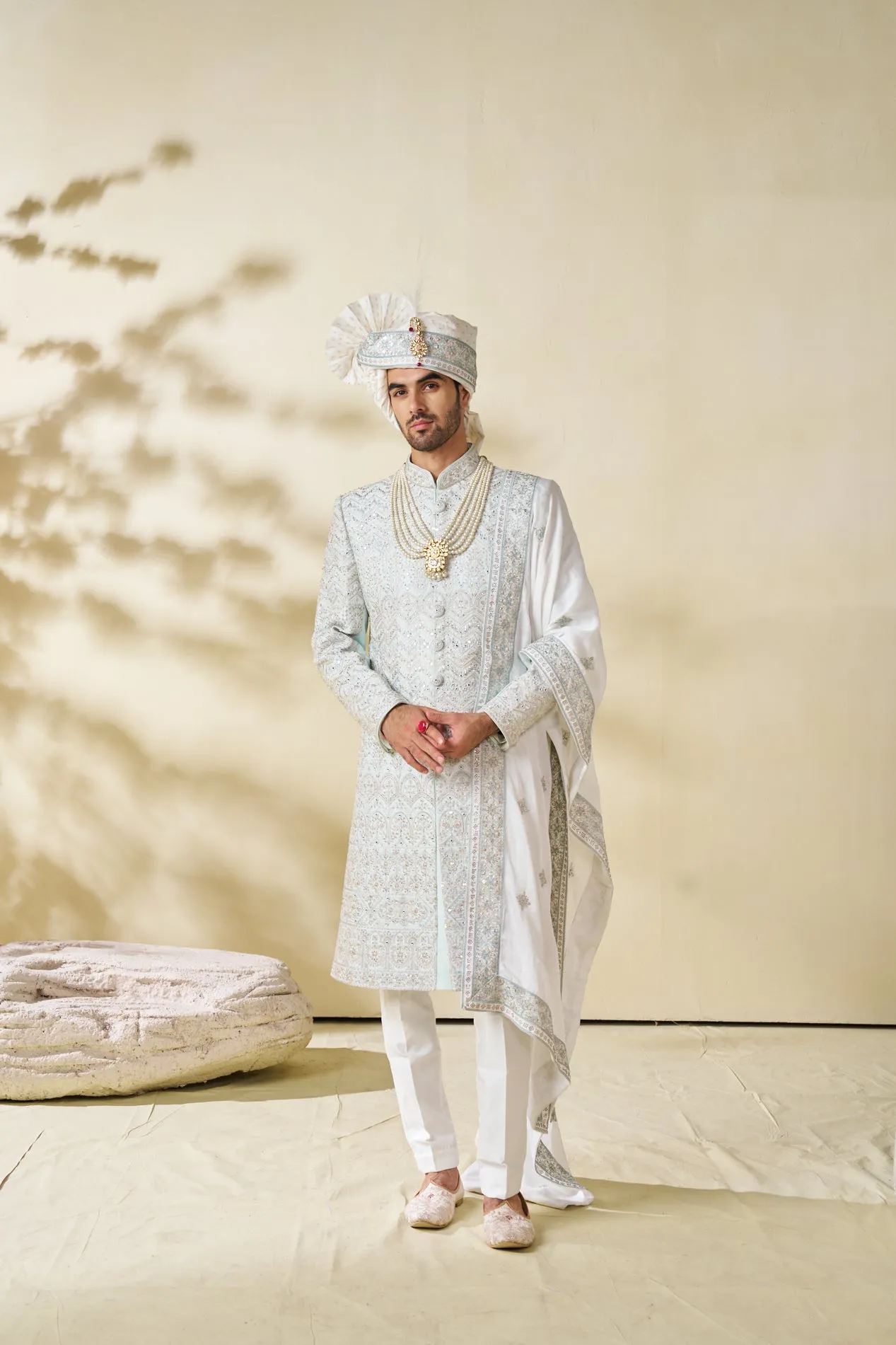 Pastel Green Sherwani Set with Geometric Embroidery