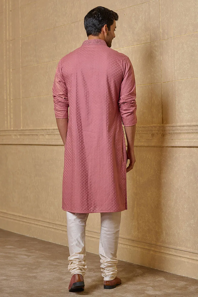 Pink Jacquard Kurta Set With Embroidered Collar