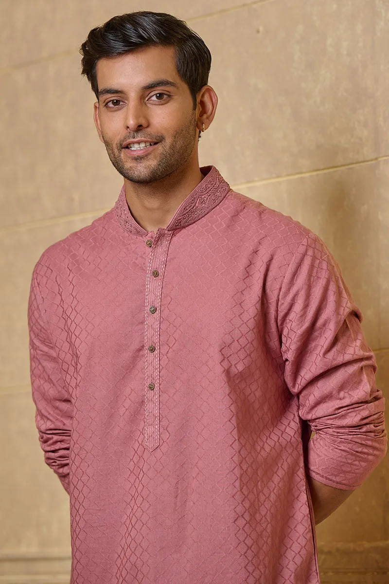 Pink Jacquard Kurta Set With Embroidered Collar