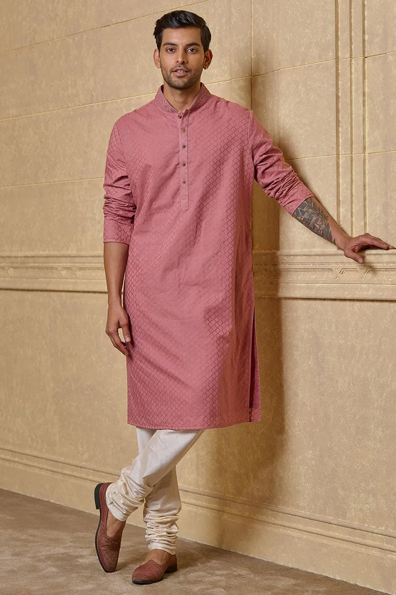 Pink Jacquard Kurta Set With Embroidered Collar