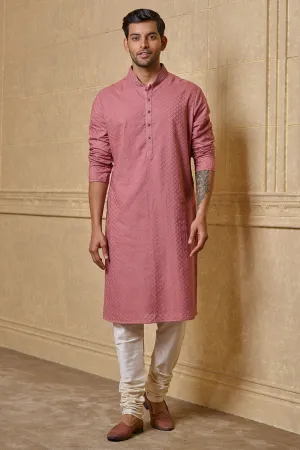 Pink Jacquard Kurta Set With Embroidered Collar