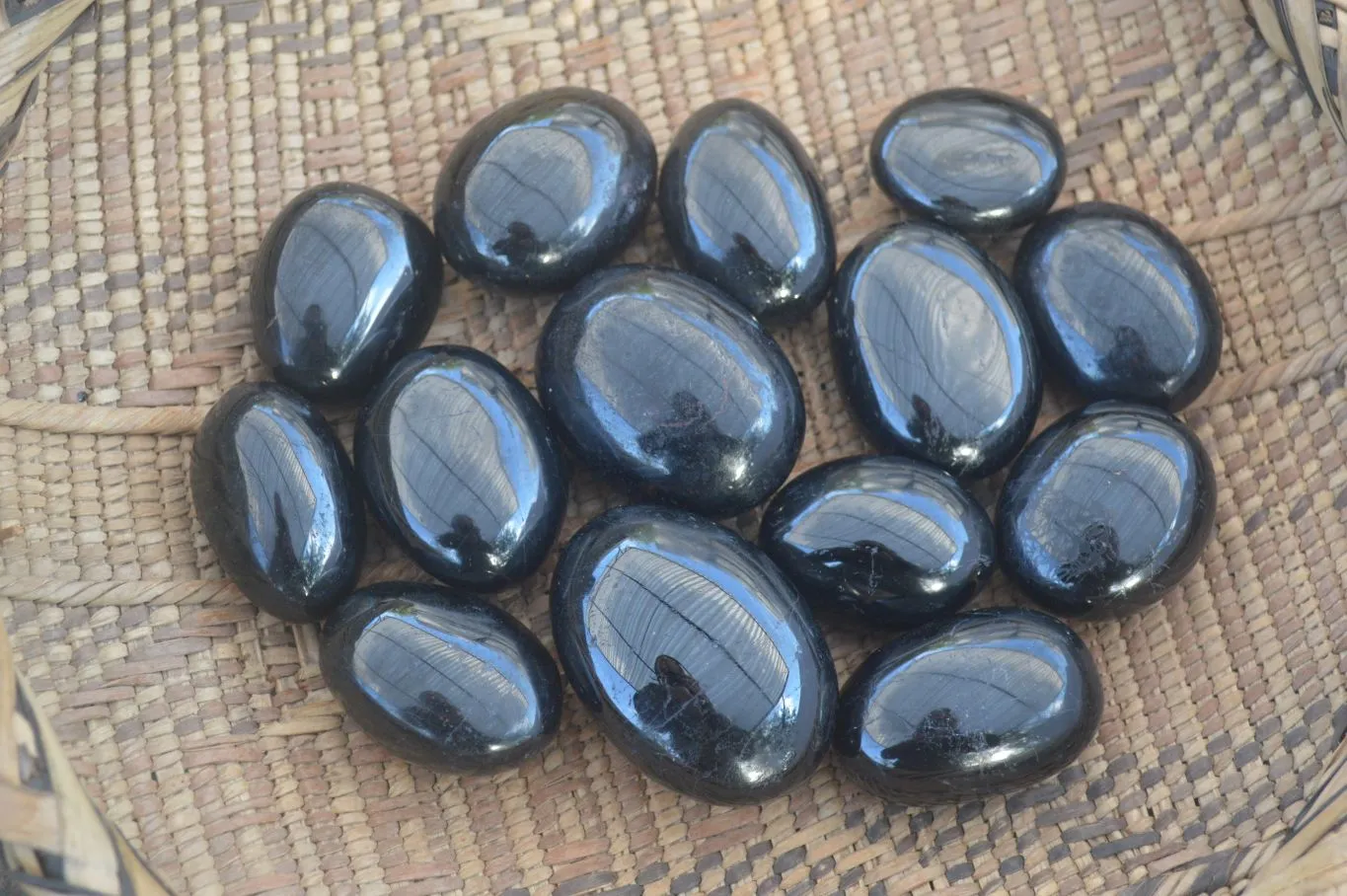 Polished Schorl Black Tourmaline Galet / Palm Stones x 14 From Madagascar