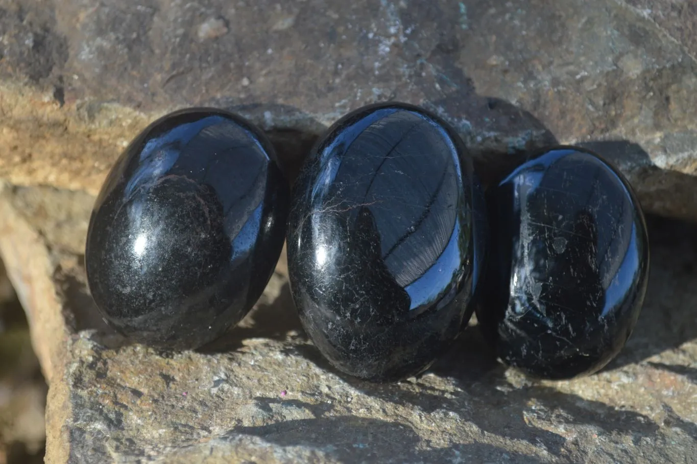 Polished Schorl Black Tourmaline Galet / Palm Stones x 14 From Madagascar