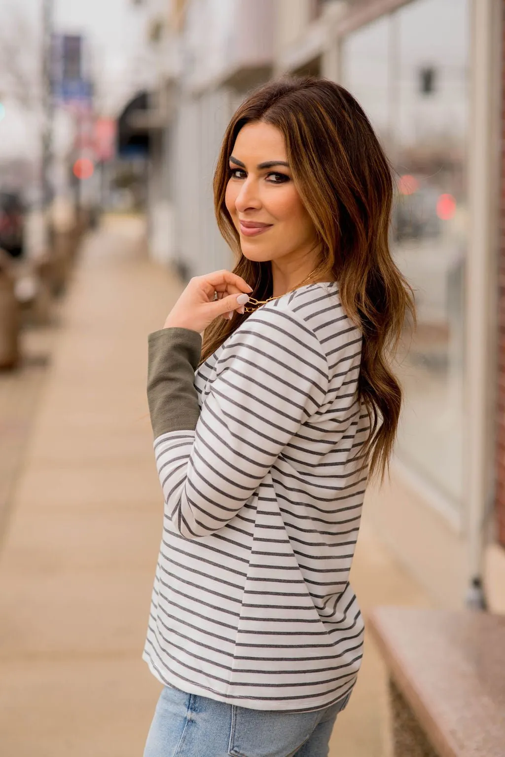 Striped Button Accent Long Sleeve