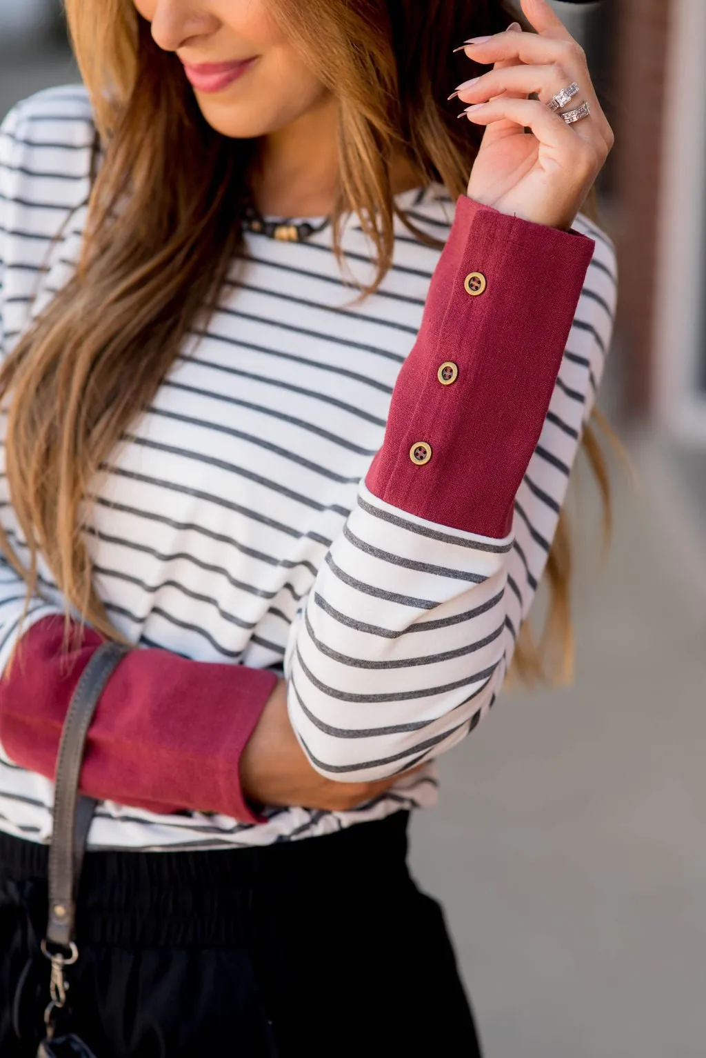 Striped Button Accent Long Sleeve