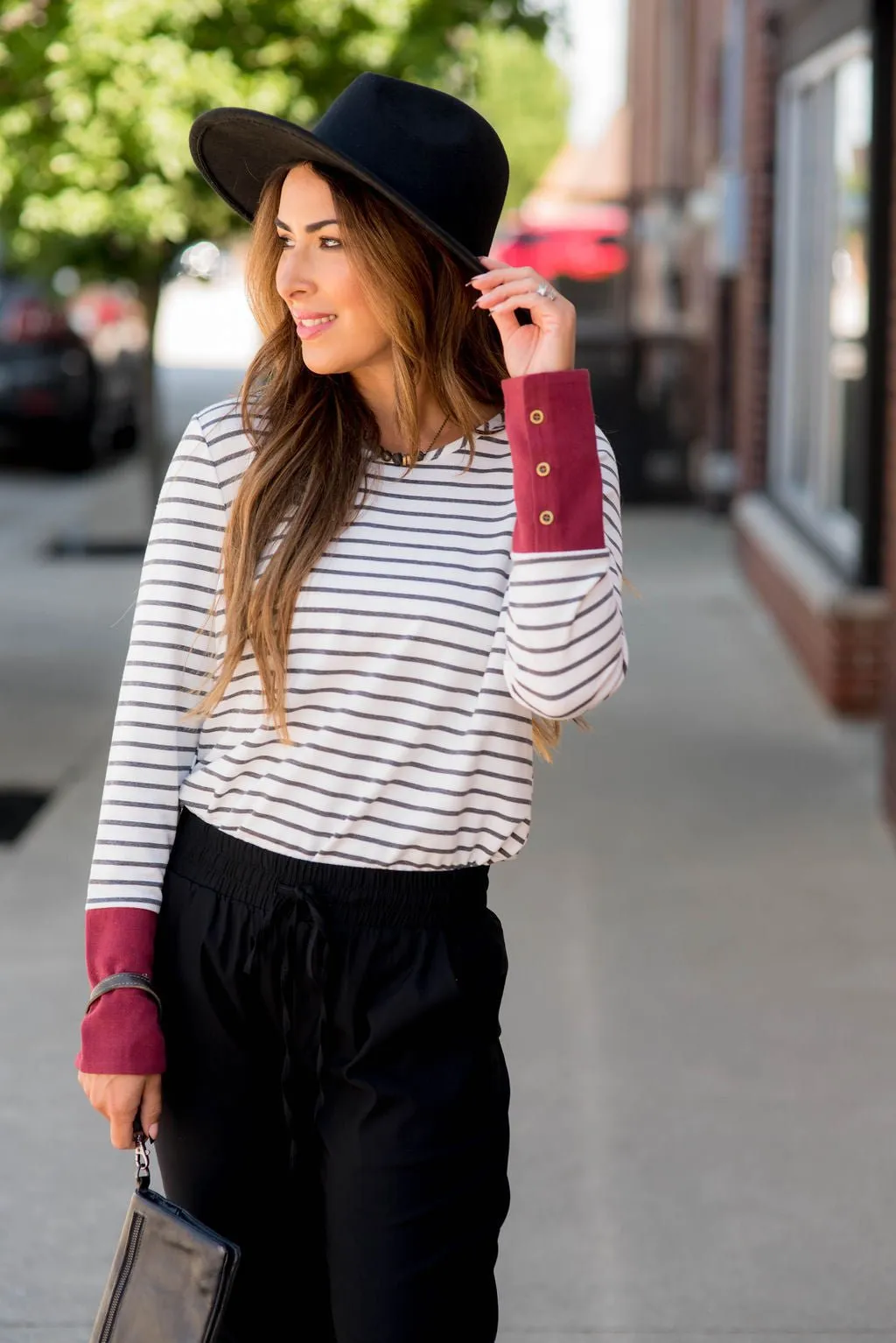 Striped Button Accent Long Sleeve