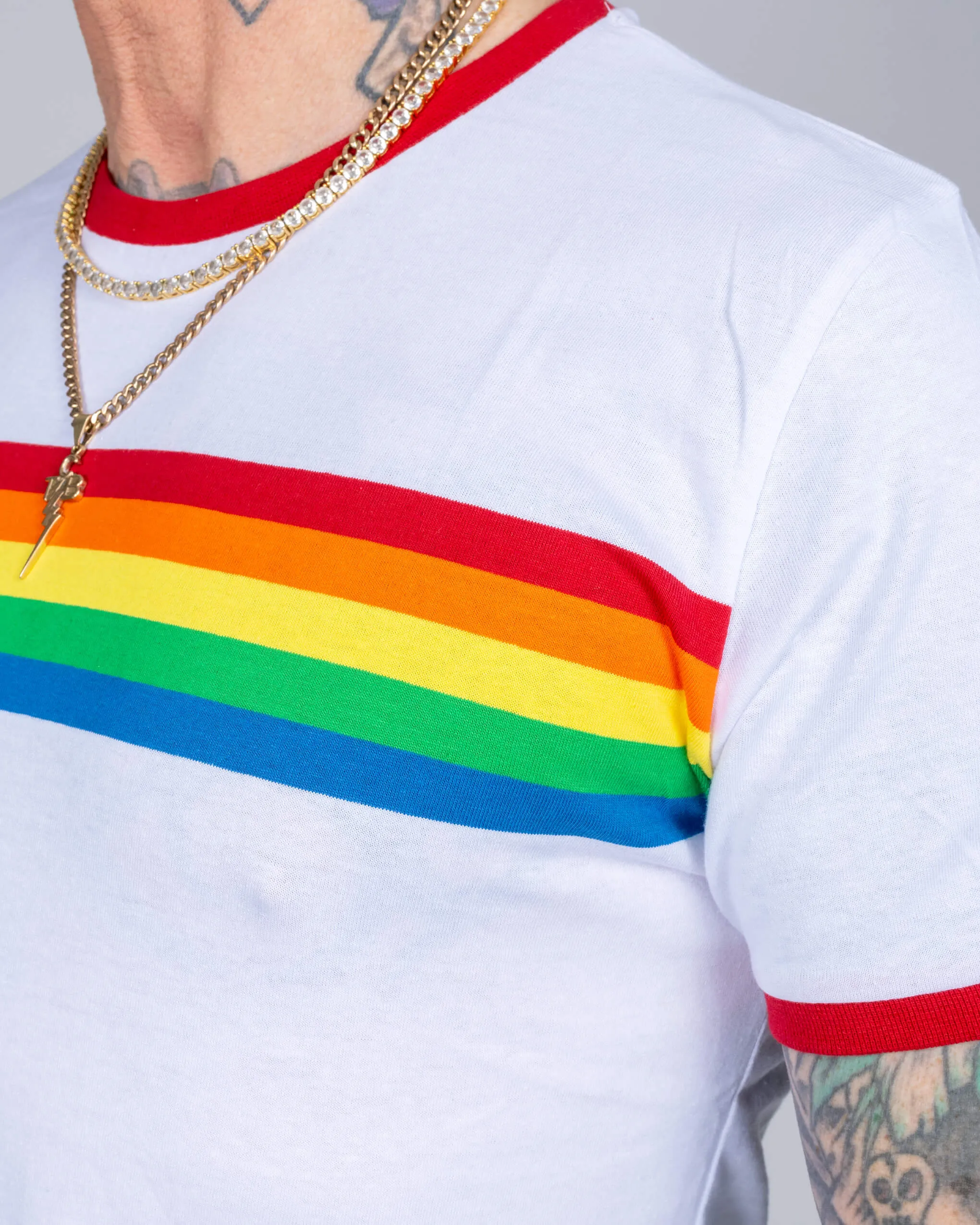 White Ringer Retro Rainbow Striped T Shirt