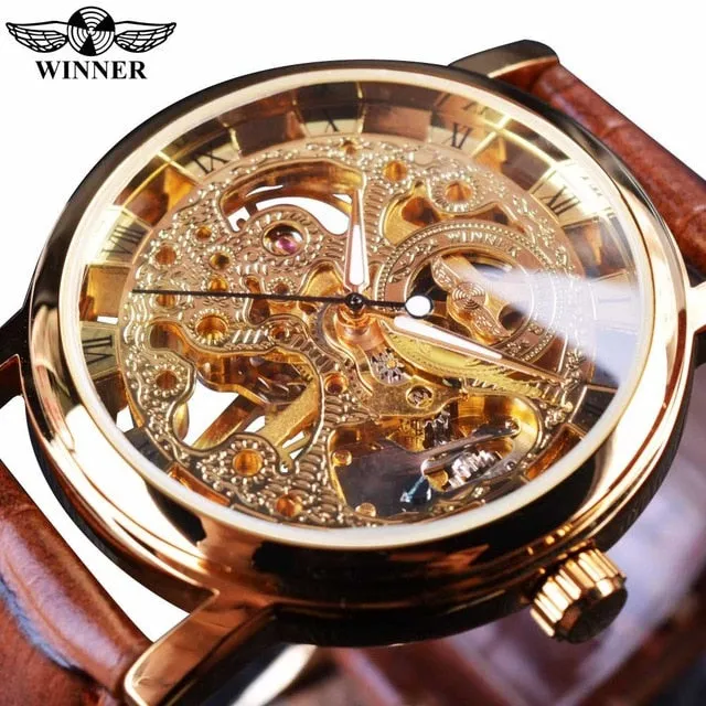 Winner Royal Carving Skeleton Brown Leather Strap Transparent Thin Case Watch