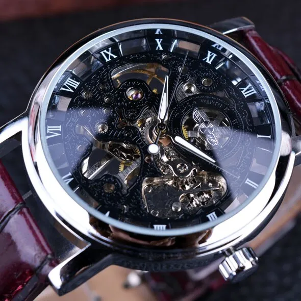 Winner Royal Carving Skeleton Brown Leather Strap Transparent Thin Case Watch