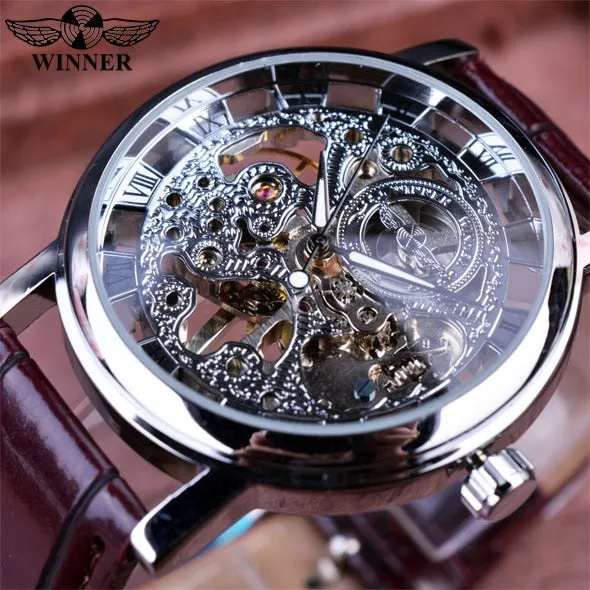 Winner Royal Carving Skeleton Brown Leather Strap Transparent Thin Case Watch