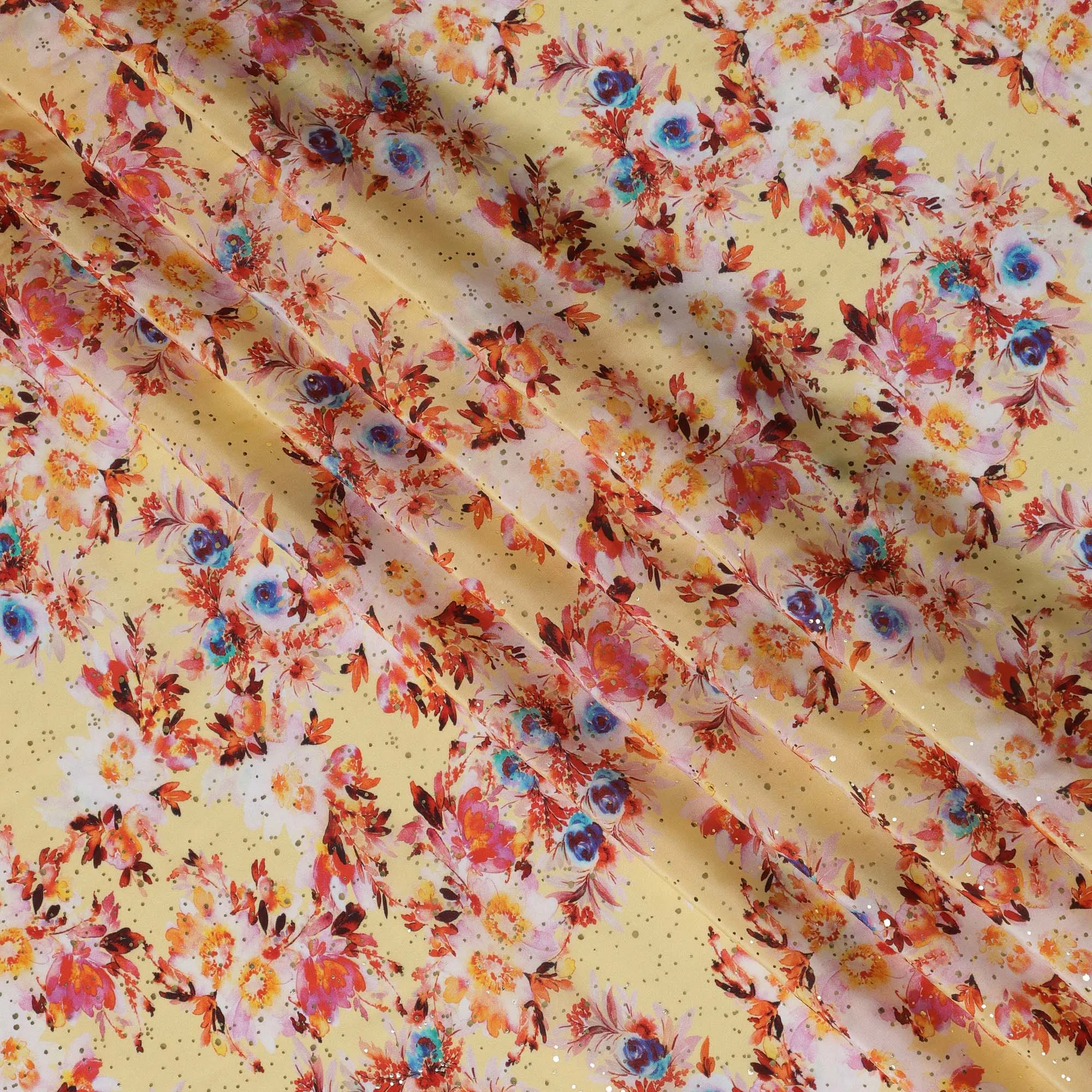 Yellow Indian Viscose Crepe Fabric with Foil, Floral Print in Pink, Blue & Orange, 110 cm Width-D20928